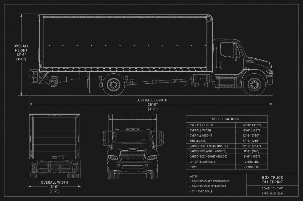 Commercial box truck technical blueprint with side, rear, and front views and specifications